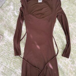 princess Polly ribbed mini Brown Long Sleeve Dress